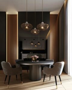 dining room with a round black table and gray chairs